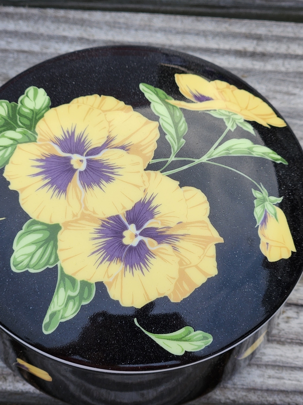 Tiffany & Co. Black with Yellow and Purple Floral Design Trinket Box